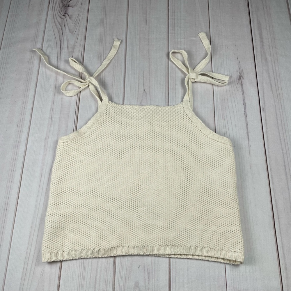 Sadie & Sage Knitted Top Women’s S Cream Boho Tie Shoulder Minimalist Cropped - Picture 2 of 13